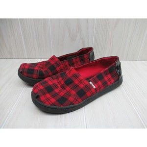 TOMS girls red black buffalo plaid slip on shoes 1.5 youth 1 1/2  glitter backs
